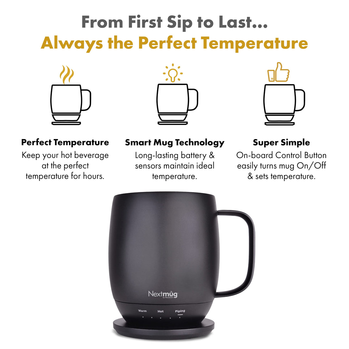 Nextmug - Temperature-Controlled, Self-Heating Coffee Mug (Black - 14 oz.) – No App, Long-Lasting Battery for Work & Study, Great Gift for Coffee Lovers
