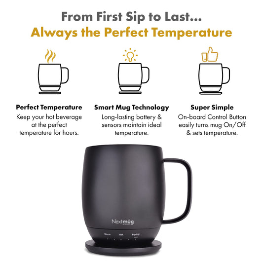 Nextmug - Temperature-Controlled, Self-Heating Coffee Mug (Black - 14 oz.) – No App, Long-Lasting Battery for Work & Study, Great Gift for Coffee Lovers
