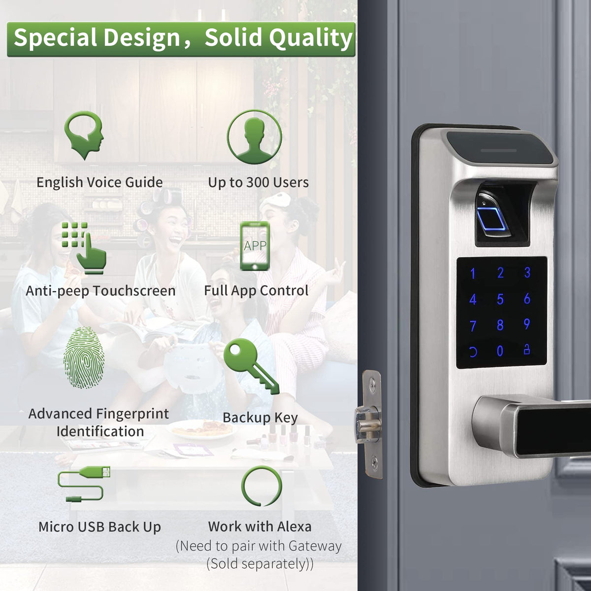Smart Door Lock, Heavy Duty 5 in 1 Keyless Entry Door Lock, Full App Digital Keypad Lock, Reversible Handle with Fingerprints and Passcodes for Family/Office/Apartment (Satin Nickel)