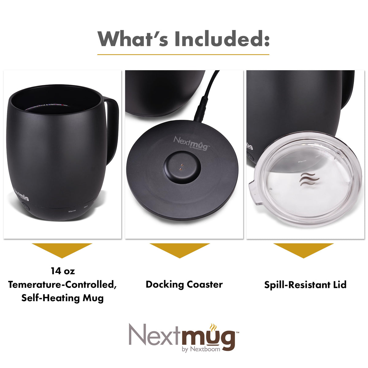 Nextmug - Temperature-Controlled, Self-Heating Coffee Mug (Black - 14 oz.) – No App, Long-Lasting Battery for Work & Study, Great Gift for Coffee Lovers