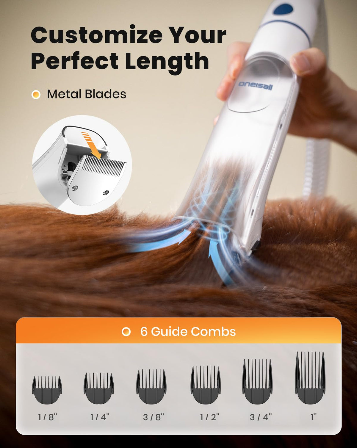 oneisall 8-in-1 Dog Grooming Vacuum & Dryer for Shedding/Drying/Trimming Vacuum & Blower & Metal Blade Pet Clippers, Adjustable 7-Temp & 3 Air Levels, All-in-One Dog Grooming Kit, Storage bag
