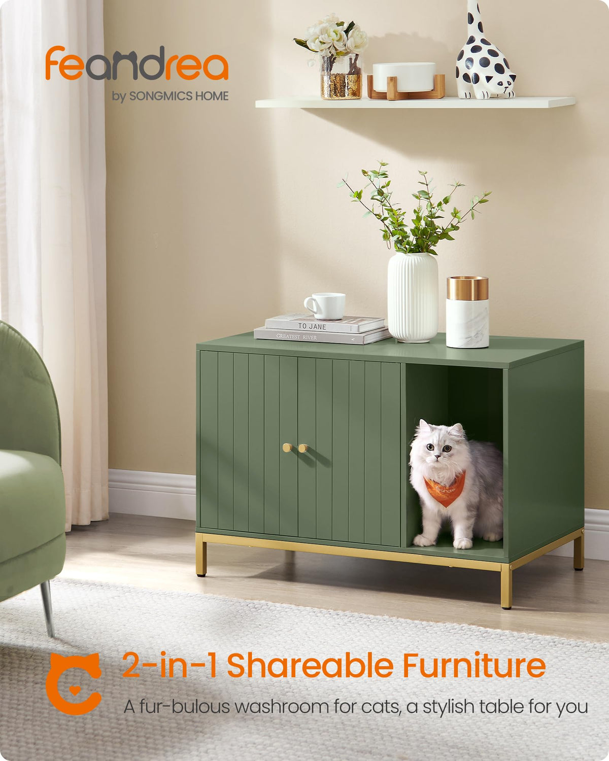 Feandrea Cat Litter Box Enclosure, with Scratching Mat, Tall Legs Hidden Cat House, Side End Table, 31.5 x 19.7 x 21.7 Inches, Forest Green and Gold