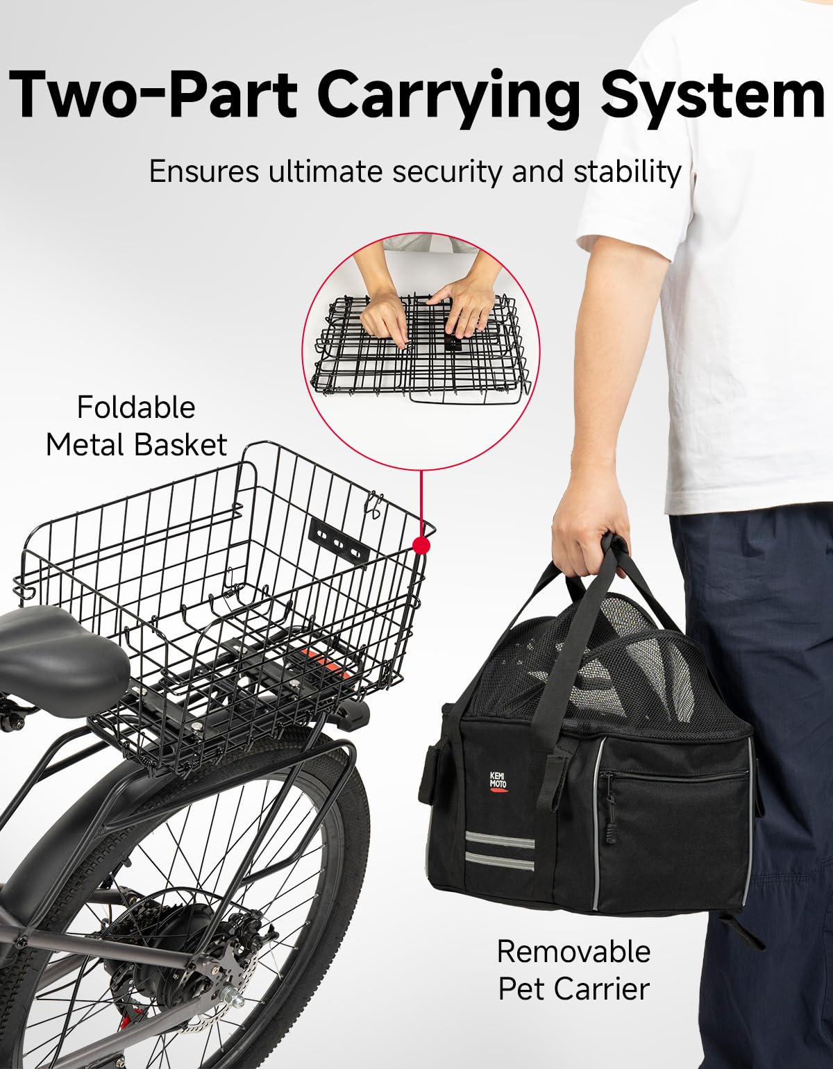 KEMIMOTO Dog Rear Bike Basket, Foldable Metal Frame & 900D Pet Carrier Fits Small Dogs/Cats Up to 17 lbs, Built-in Safety Leash, Grey Interior Reduces Heat, Removable Washable Pad, Breathable Mesh