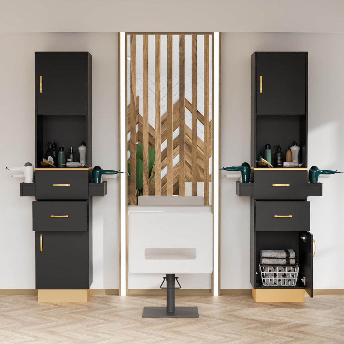 OmySalon Salon Stations for Hair Stylist, Barber Station Hair Salon Station, Beauty Salon Spa Equipment with 2 Drawers, 2 Storage Cabinet, 6 Hair Dryer Holders for Hair Styling, Black Gold