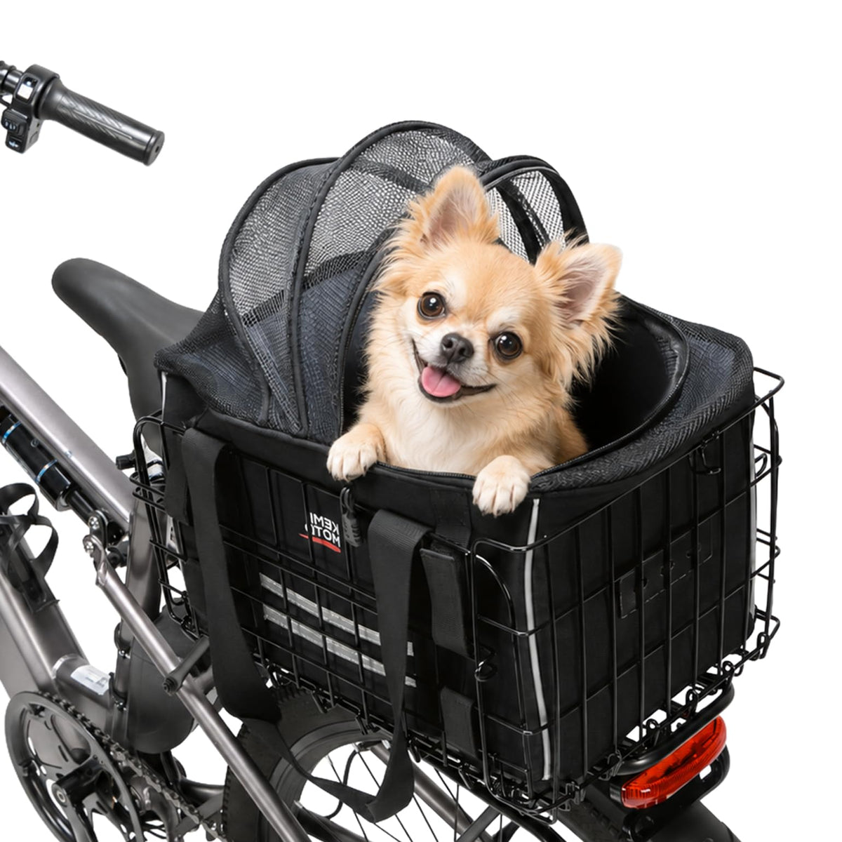 KEMIMOTO Dog Rear Bike Basket, Foldable Metal Frame & 900D Pet Carrier Fits Small Dogs/Cats Up to 17 lbs, Built-in Safety Leash, Grey Interior Reduces Heat, Removable Washable Pad, Breathable Mesh