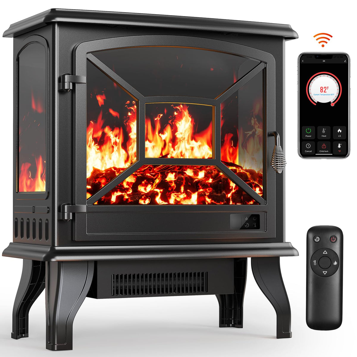 Silonn Electric Fireplace Heater, Quick Heating Portable Fireplace with App & Remote,24″ Electric Corner Fireplace Low Noise with 5 Brightness Levels,Temp Control & Timer for Living Room,Bedroom,Black