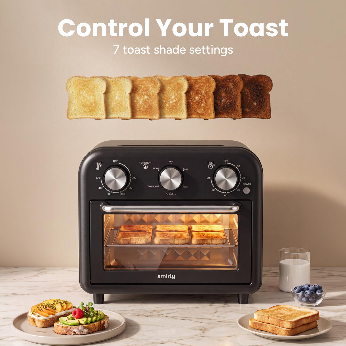 SMIRLY 6-in-1 Air Fryer Toaster Oven Combo, 13QT Small Toaster Oven Black 1200W Toaster Ovens Countertop for Air Fryer, Bake, Toast, Roast, Broil, Reheat, Compact Toaster Oven with Basket, Rack, Tray
