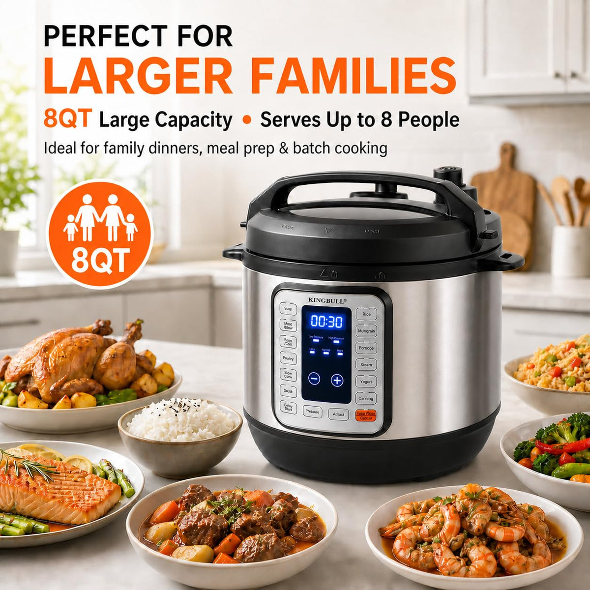 KINGBULL 8QT Electric Pressure Cooker, 12-in-1 Stainless Steel Multi Cooker with Nonstick Inner Pot, Slow Cooker, Rice Cooker, Steamer, Sauté, Yogurt Maker, Warmer, Delay Start