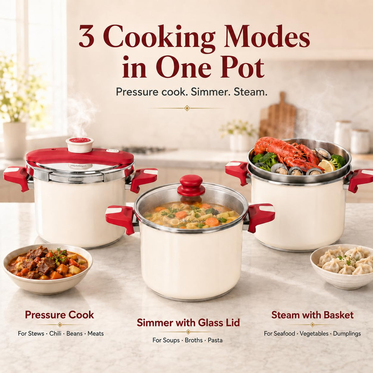 MICHELANGELO Stovetop Pressure Cooker Stainless Steel, 8.5 qt, 304 Stainless Steel, 6-Fold Safety System, One-Hand Easy-Open Lid, 2 Pressure Settings, Steamer Basket & Glass Lid, Induction Compatible