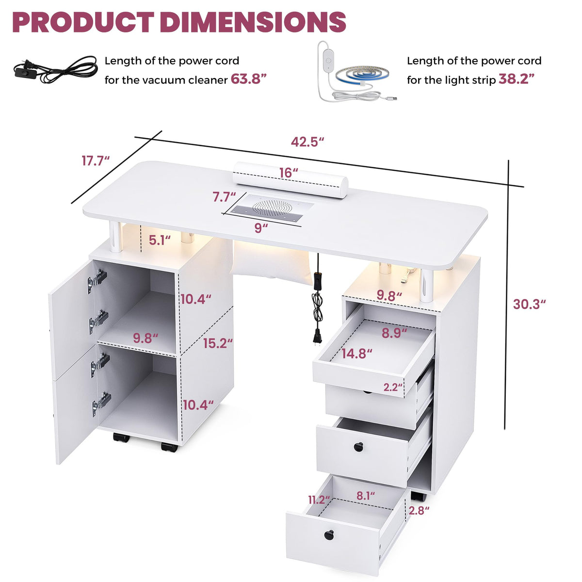 Nail Desk for Nail Tech w/Electric Dust Collector, Rolling Manicure Table w/Lockable Wheels, Storage Drawers, Wrist Cushion, Acetone Resistant, for Nail Beauty Salon Workstation (White)