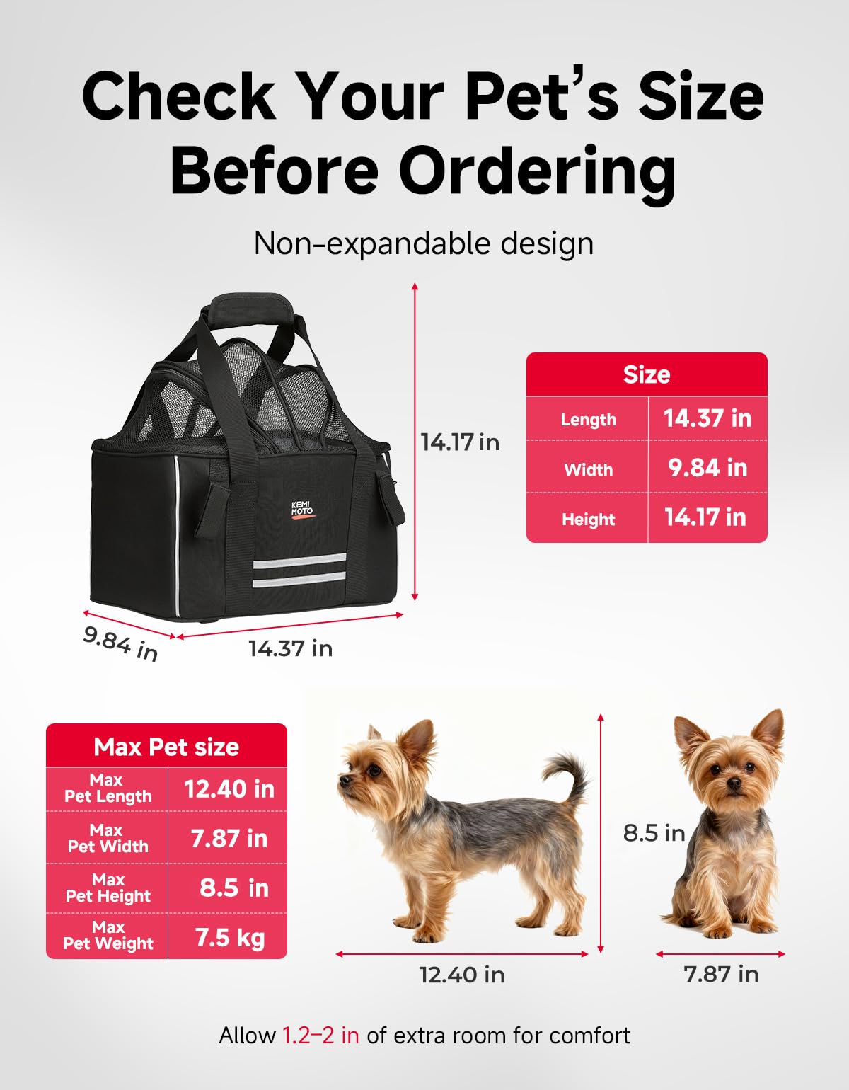 KEMIMOTO Dog Rear Bike Basket, Foldable Metal Frame & 900D Pet Carrier Fits Small Dogs/Cats Up to 17 lbs, Built-in Safety Leash, Grey Interior Reduces Heat, Removable Washable Pad, Breathable Mesh
