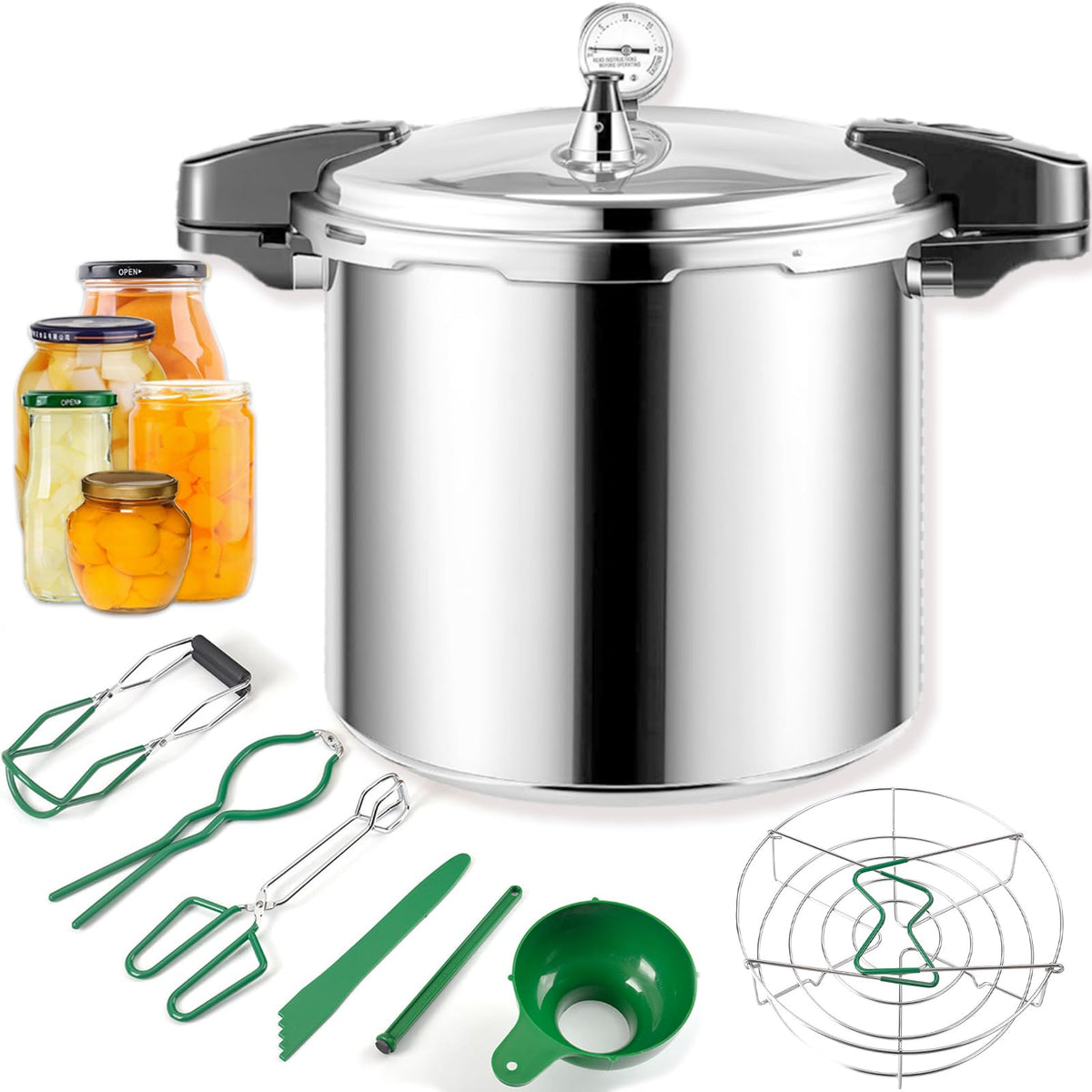 24qt pressure canner and canning pressure cooker with gauge,14.5PSI,practical 7pc Canning Supplies Starter Set,compatibility gas and induction cooktops, pressure cooker for canning (GREEN)