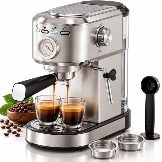 Simple Deluxe Espresso Machine, Compact, Milk Frother Steam Wand, 4 Modes Stainless Steel, 20-Bar Pump, NTC Temp Control, Built-in Pressure Gauge, 34oz Removable Water Tank for Latte & Cappuccino
