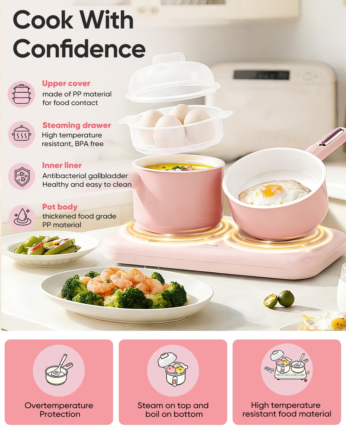 Real Cooking Set with 110V Dual Burner, Mini Kitchen Set (Pink) Operate Each Burner Separately or Together to Steam, Boil and Heat Two Dishes at Once