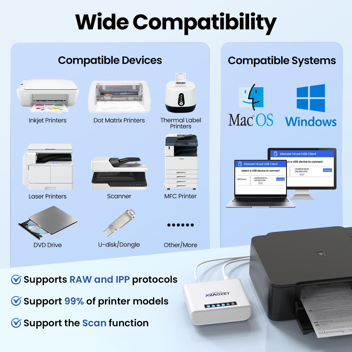 LK100EW Wireless USB Device Server, 1-Port USB2.0 Ethernet WiFi Support USB printer and scanner over Local network; supports wired and wireless connections.