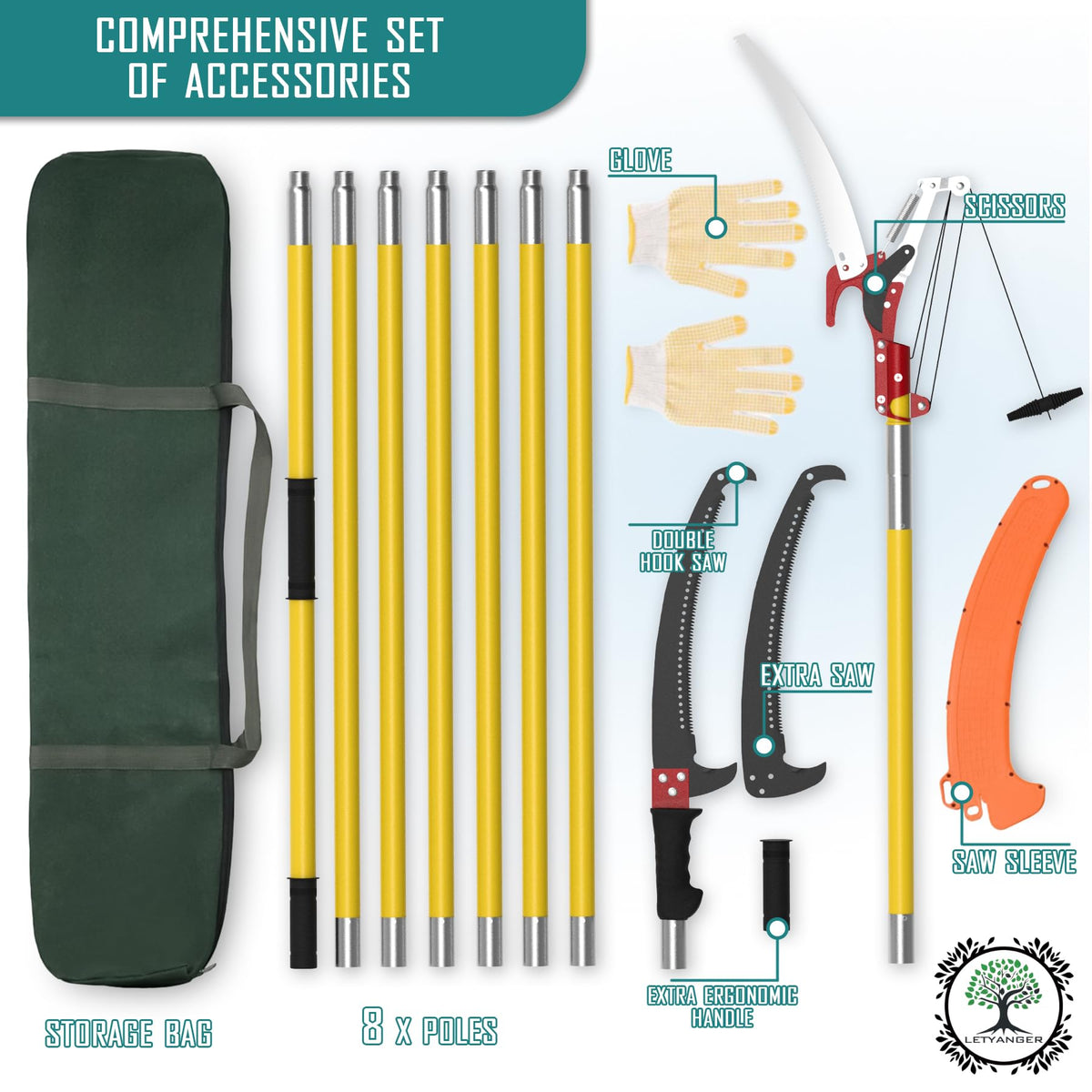 7.3-27FT Extendable Long Handle Pole Saw with Blade and Branch Scissors extendable pole saw; tree trimmer with scissors; pruning saw