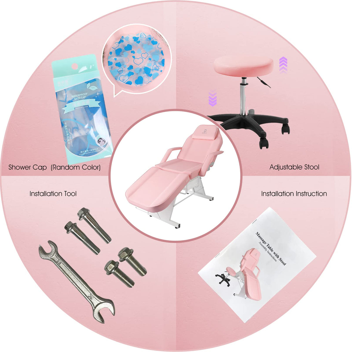 Facial Chair,73″ Tattoo Chair for Client,3-Section Adjustable Massage Table with Stool,Multipurpose Beauty Beds Salon Equipment for Esthetician,Tattooshop,Spa (Pink)