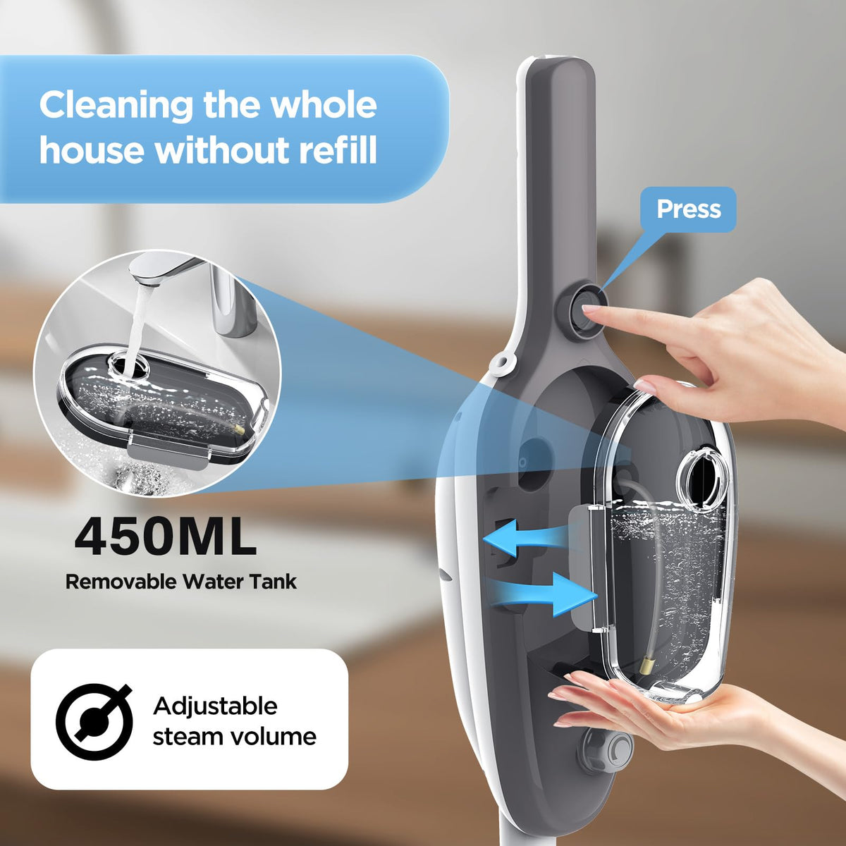 Steam Mop 11-in-1 Handheld Detachable Adjustable Steam Cleaner, Gray 23FT Cord 260℉ Rapid Heat Up Steamer, 450ml Removable Watetr Tank for Hardwood Floors, Clothes, Windows, Tiles, Carpet