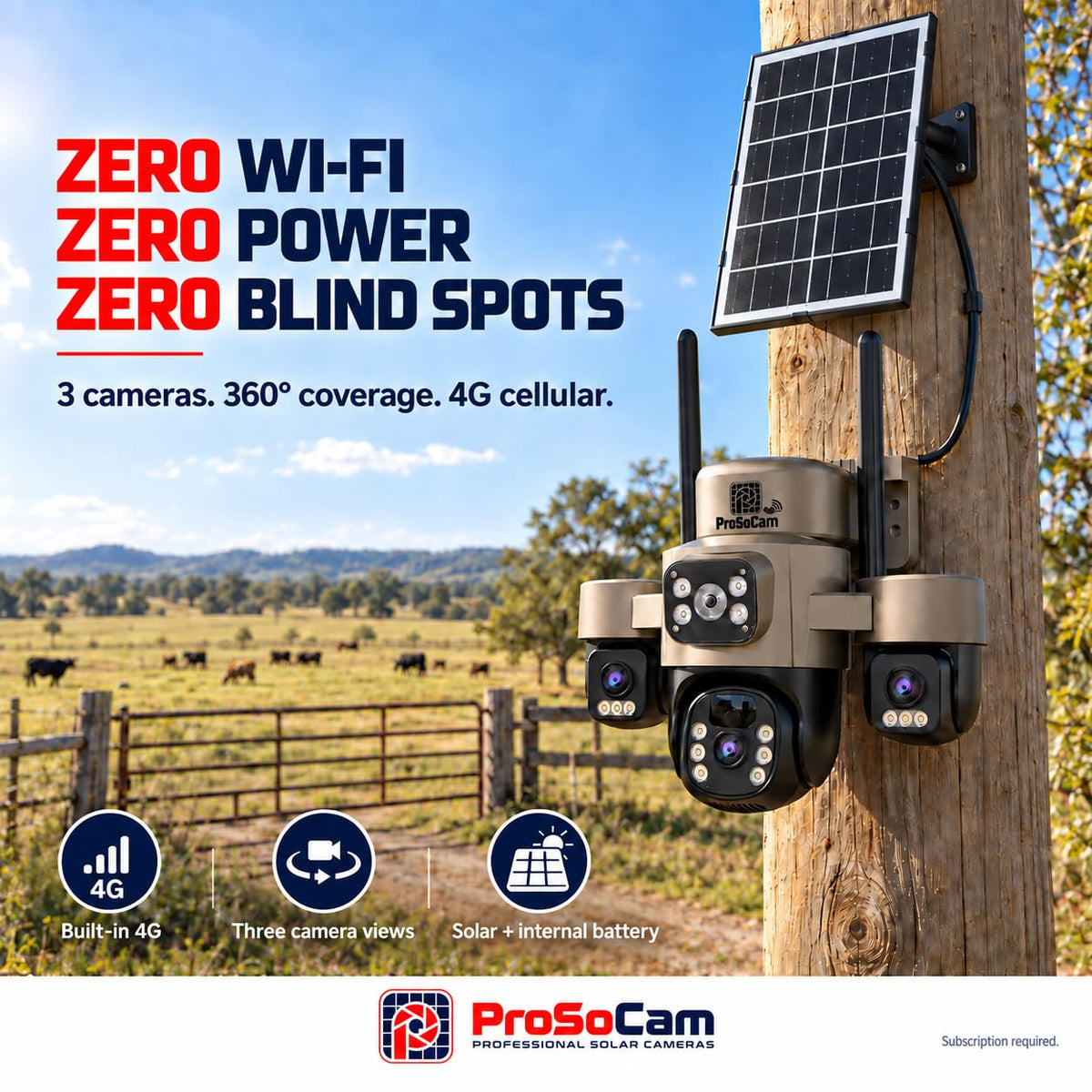 6MP HD 4G Cellular Solar Security Camera, Triple Lens, No Wi-Fi 6MP HD 4G cellular triple-lens solar camera for remote areas with no Wi-Fi; monthly data subscription required.