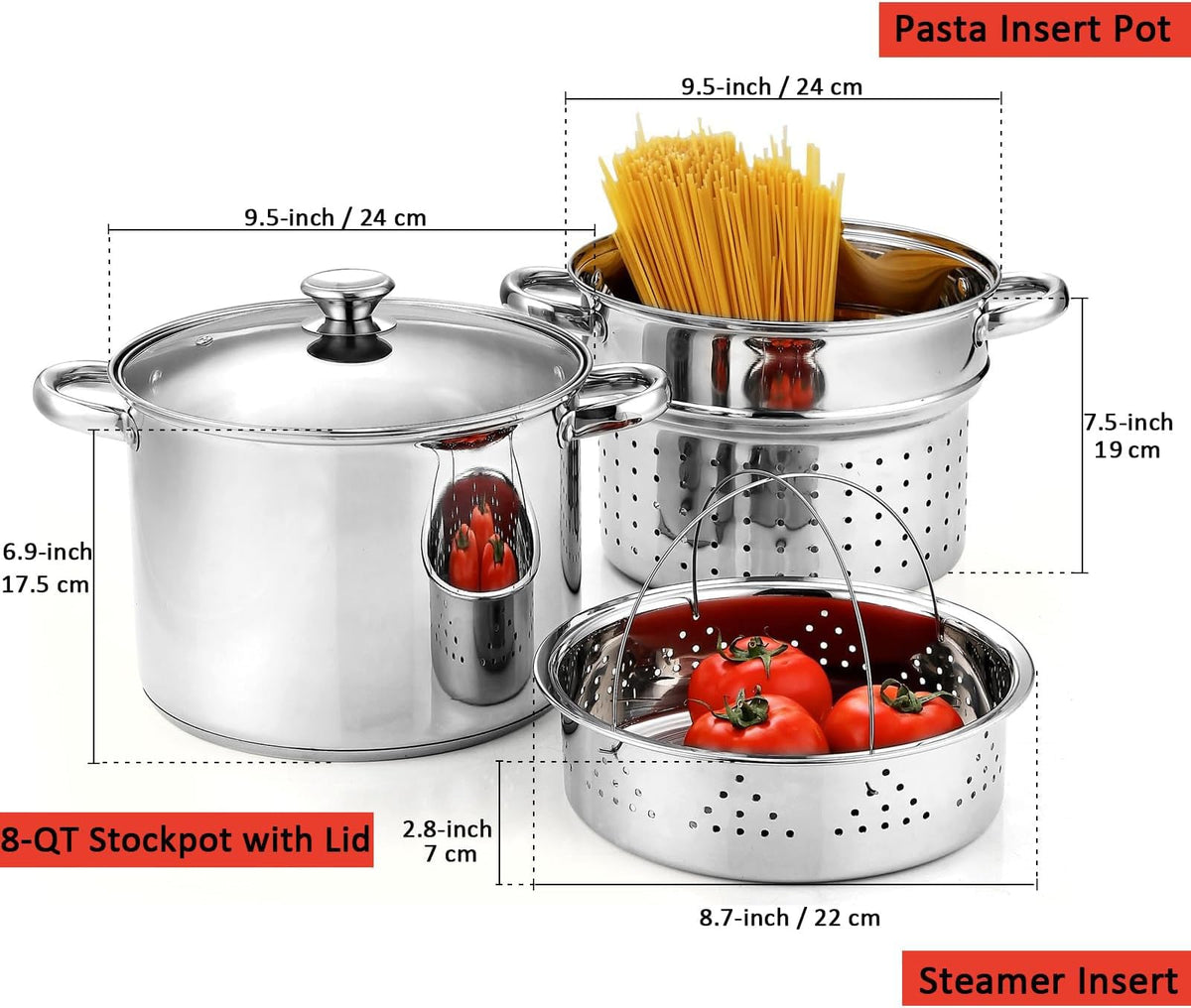 Cook N Home 8 Quart Stainless Steel Pasta Pot with Strainer Lid 3-in-1 Pots Steamer Basket, Pasta Strainer, Stock Pot with Lid - Pasta Cooker Induction Compatible, Dishwasher & Oven Safe