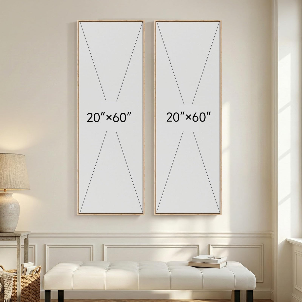 Large Framed Beige Cream Abstract Vertical Wall Art for Hallway, 2 Piece Long narrow, Large size, Canvas prints, Neutral minimalist pictures, Vertical, Wood frame, Living room,Entryway wall decor