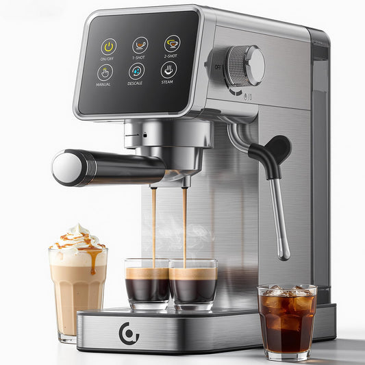 AMZCHEF Espresso Machine with Self-Cleaning, 20Bar Coffee Maker, Platinum Home Barista Essentials: 1350W Fast Heat, 44oz Tank, Steam Wand for Cafe Latte Art, LCD Live Status Ideal for Beginner