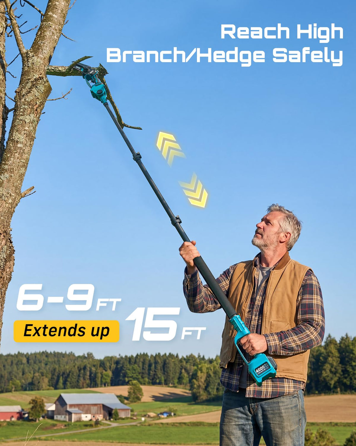 SEESII 6-in-1 Cordless Pole Saw & Hedge Trimmer Combo, Brushless Motor Electric Mini Chainsaw with 2×4.0 Ah Batteries, Extendable Tree Pruner, Bush Trimmer Limb Branch Cutter, Grass Shears