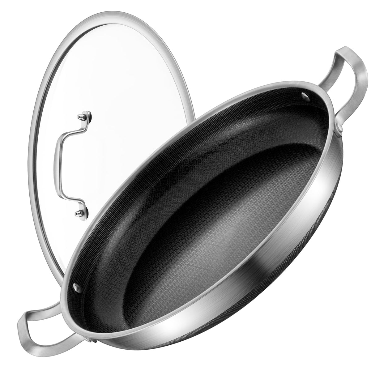 Yeksum 14 Inch Paella Pan with Lid, Ceramic Nonstick & Stainless Steel Induction Ready, 12-Serving Large Skillet, Oven Safe 550°F for Paella, Searing, Frying (Family Gathering & Outdoor Cooking)