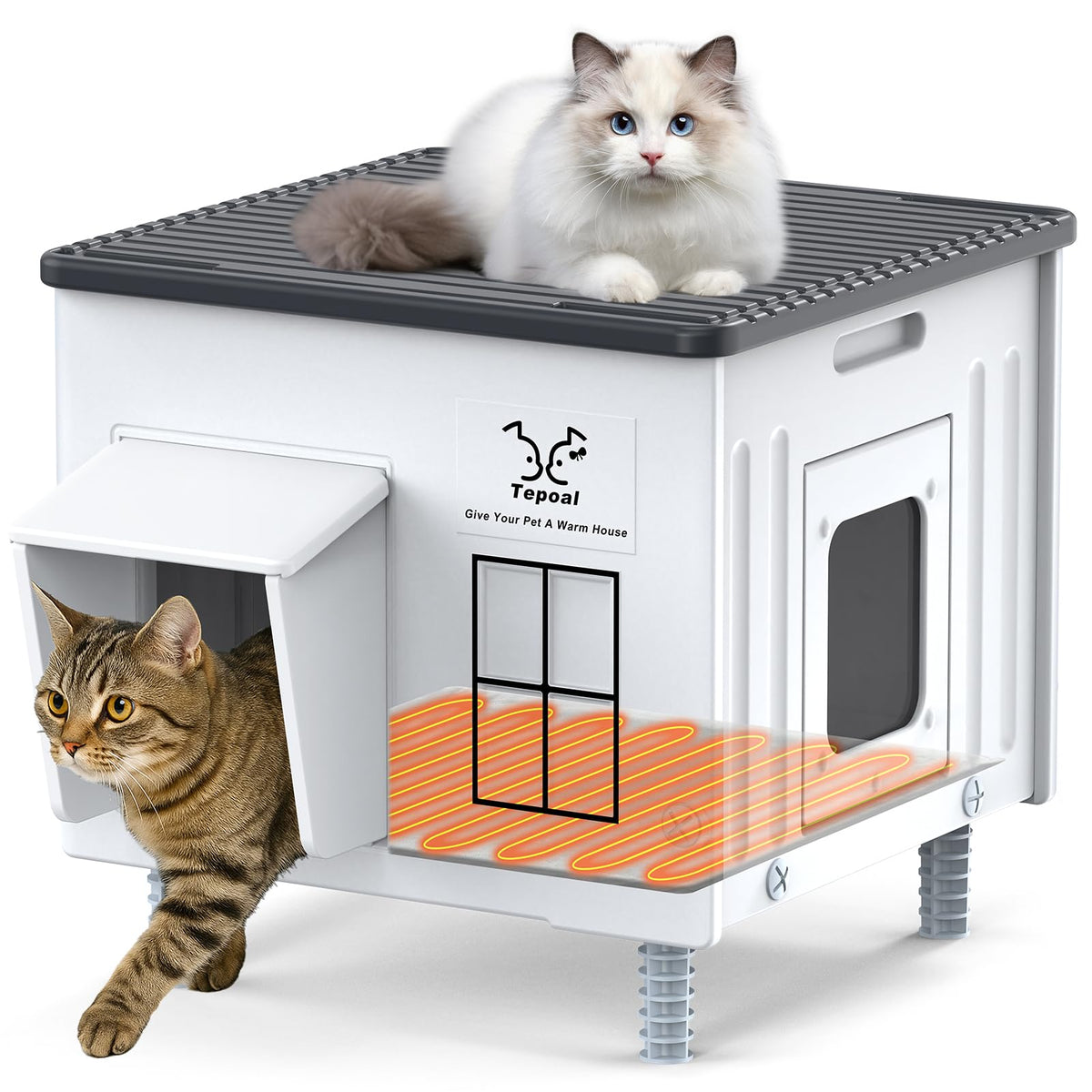 Indestructible Heated Cat House for Outside Winter, Heated Outdoor Cat House Weatherproof with Escape Door, Waterproof & Insulated Outdoor Cat Shelter for Feral Stray Cat Kitty. 17.7"x15"x17.5"