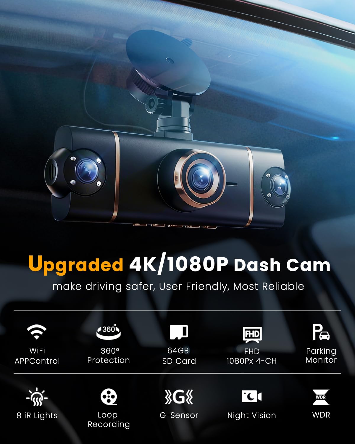 4 Channel 360° Dash Cam Front and Rear, 4K+1080P*3 FHD Car Camera 5GHz WiFi and App Control, 24H Parking Mode, 8 IR Lamps Night Vision, Loop Recording, Includes 64GB SD Card, Black