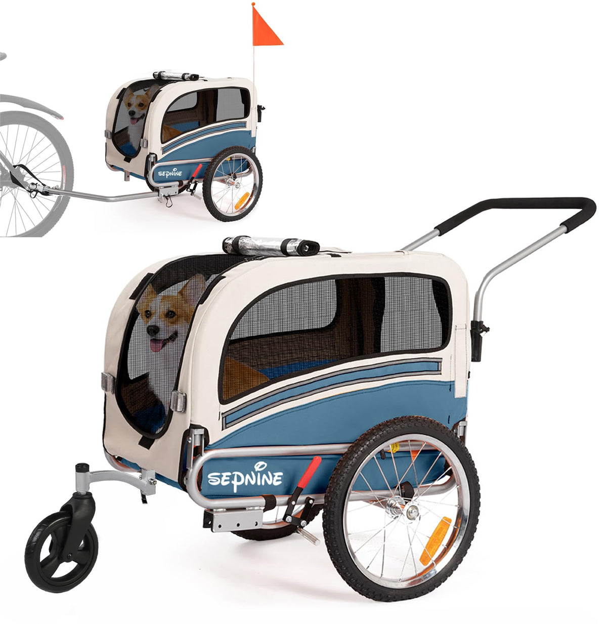 Sepnine 2 in 1 Pet Bicycle Trailer with a 6" Stroller Wheel Suitable for Small and Medium Dogs, Carrier Up to 66/88 LBS, Easy Folding Cart Frame, Quick Release Wheel, Universal Bicycle Coupler