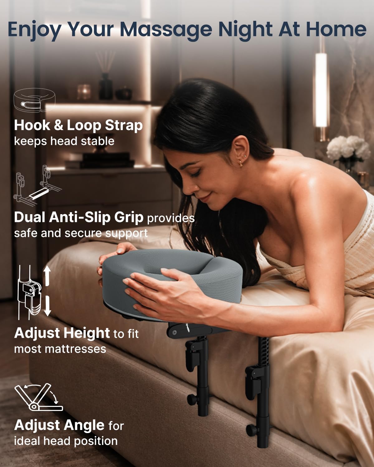 Massage Headrest for Bed with Arm Rest & Chest Cushion for Home Relax Spa Adjustable Height for 6–18" Thick Mattresses, Customizable Face Opening, Ergonomic Contoured Memory Foam, Flat Anti-Slip Base