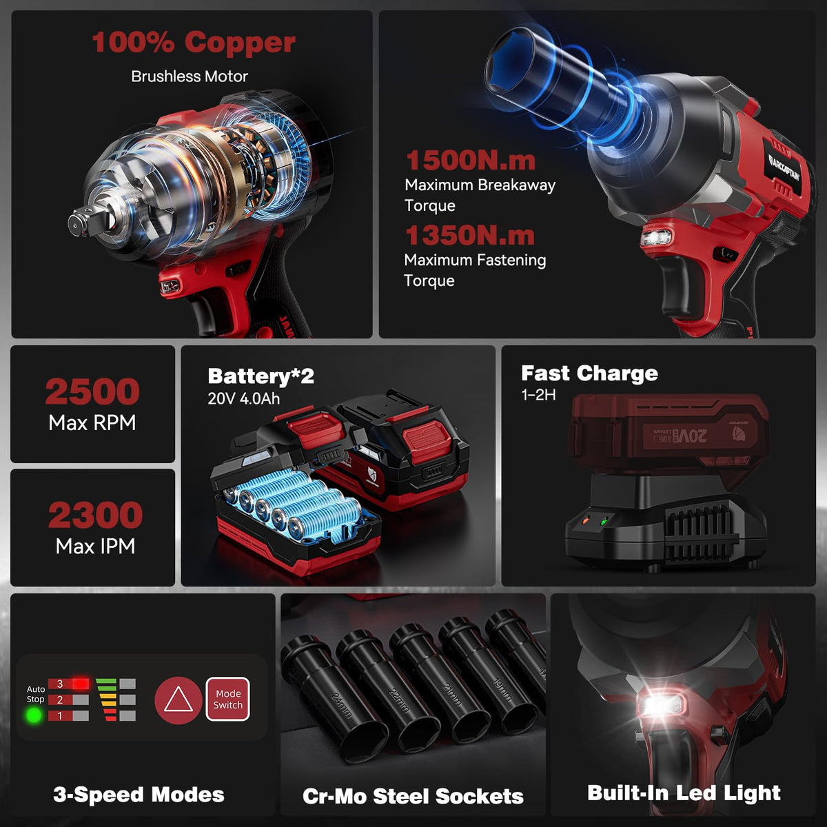 ARCCAPTAIN Cordless Impact Wrench, 1500N.m (1106Ft-lbs) 1/2" Impact Gun 15C High-Rate, Supports Up to 40mm Socket, 20V 2x4.0Ah Batteries, High Torque Power Impact Driver for Heavy Truck/Car/Pickup