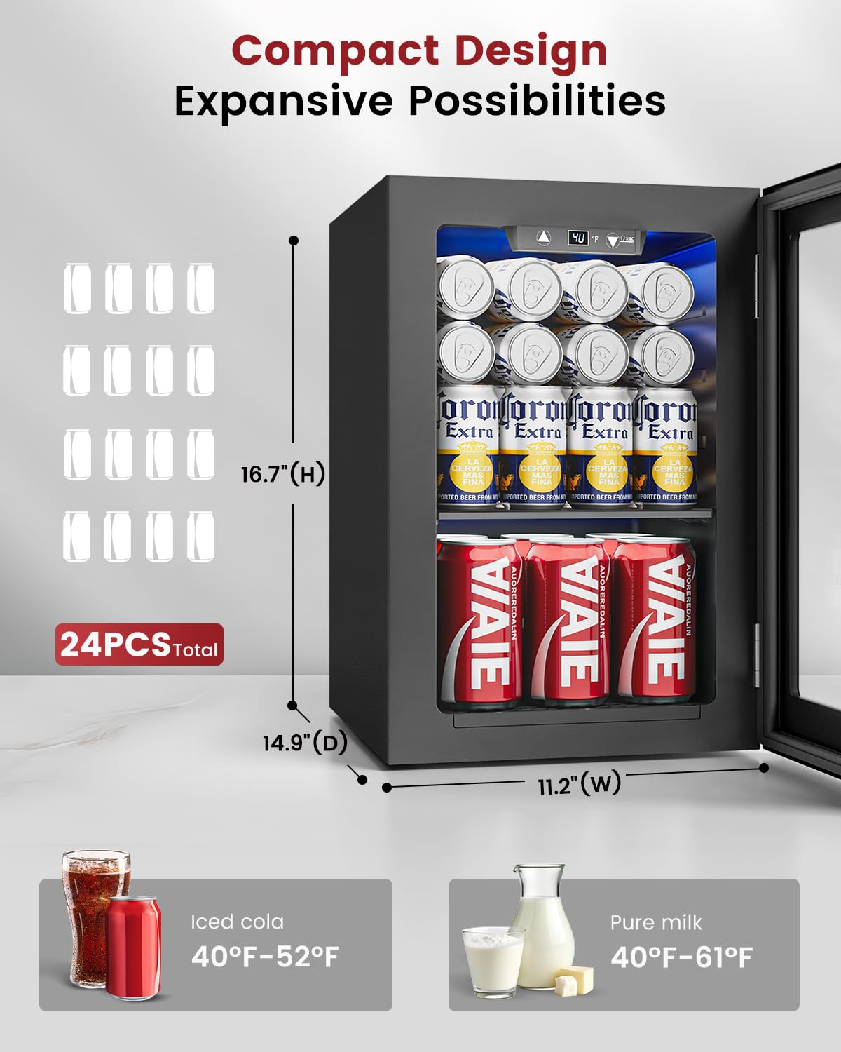 Feelfunn 24 Can Beverage Refrigerator, Mini Fridge, Black 40-61°F, Whisper-Quiet ≤38dB, Fast Even Cooling, Removable Shelf, for Soda, Beer, Wine. Fits Office, Dorm, Bedroom, Home Bar