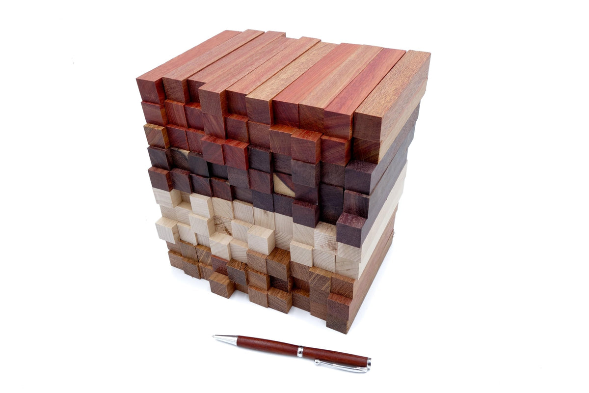 Exotic Wood Pen Blanks 100-Pack Pen Turning Supplies, DIY Pen Crafts: Bloodwood, Mexican Ebony, Jatoba, Hard Maple, 25 of Each Wood Type, 5 x 3/4 x 3/4 inches