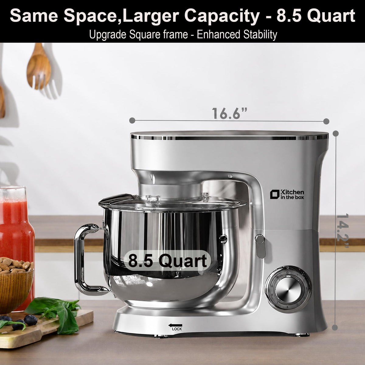 Kitchen in the box Stand Mixer 8.5 QT, 900 Watt Heavy Dough Mixer Silver 10 Speed Adjustable, 8.5 Quart Mixing Bowl with Handle, Tilt-head, Whisk, Flat Beater and Splash Guard