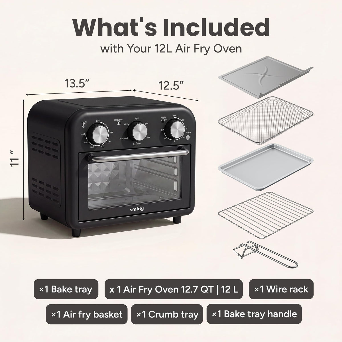 SMIRLY 6-in-1 Air Fryer Toaster Oven Combo, 13QT Small Toaster Oven Black 1200W Toaster Ovens Countertop for Air Fryer, Bake, Toast, Roast, Broil, Reheat, Compact Toaster Oven with Basket, Rack, Tray