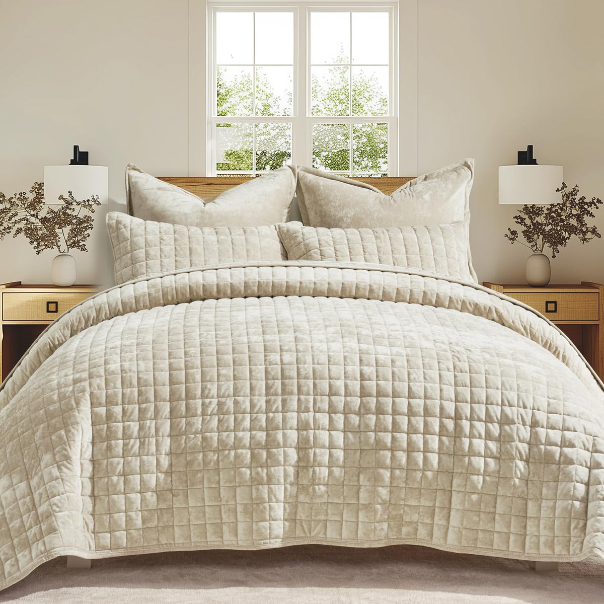 RECYCO Channel Box Stitch Velvet Quilt Set, King Size, Beige Ultra Soft Lightweight Velvet Comforter, Luxury Oversized Bedspread Coverlet, Quilted Bedding Set for All Season with 2 Shams