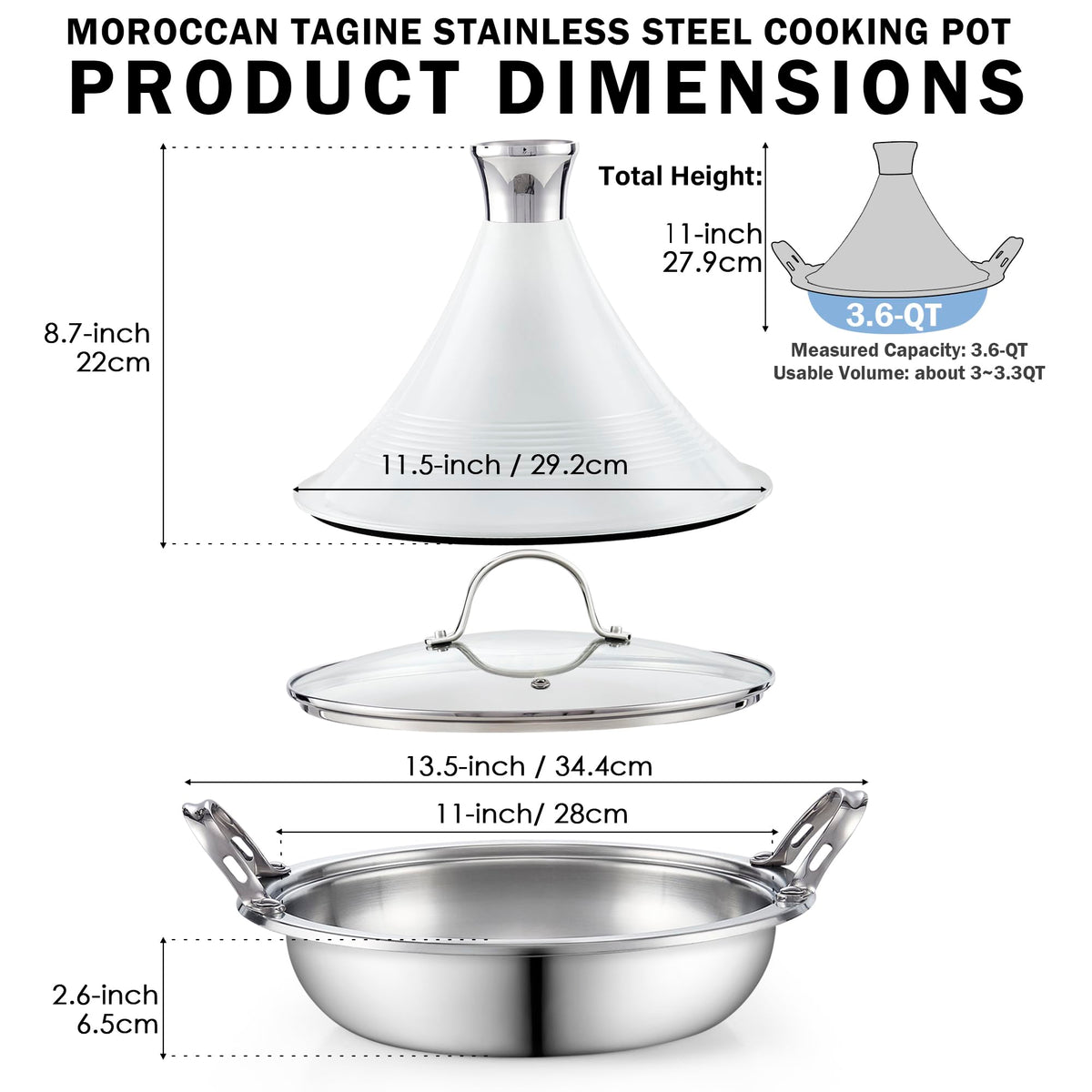 Cooks Standard 3.6-Qt Multi-Ply Clad Stainless Steel Moroccan Tagine Pot 11-inch Fully Clay Pot Alternative for Slow Cooking, Conical Die-Cast Aluminum & Glass Lid, White