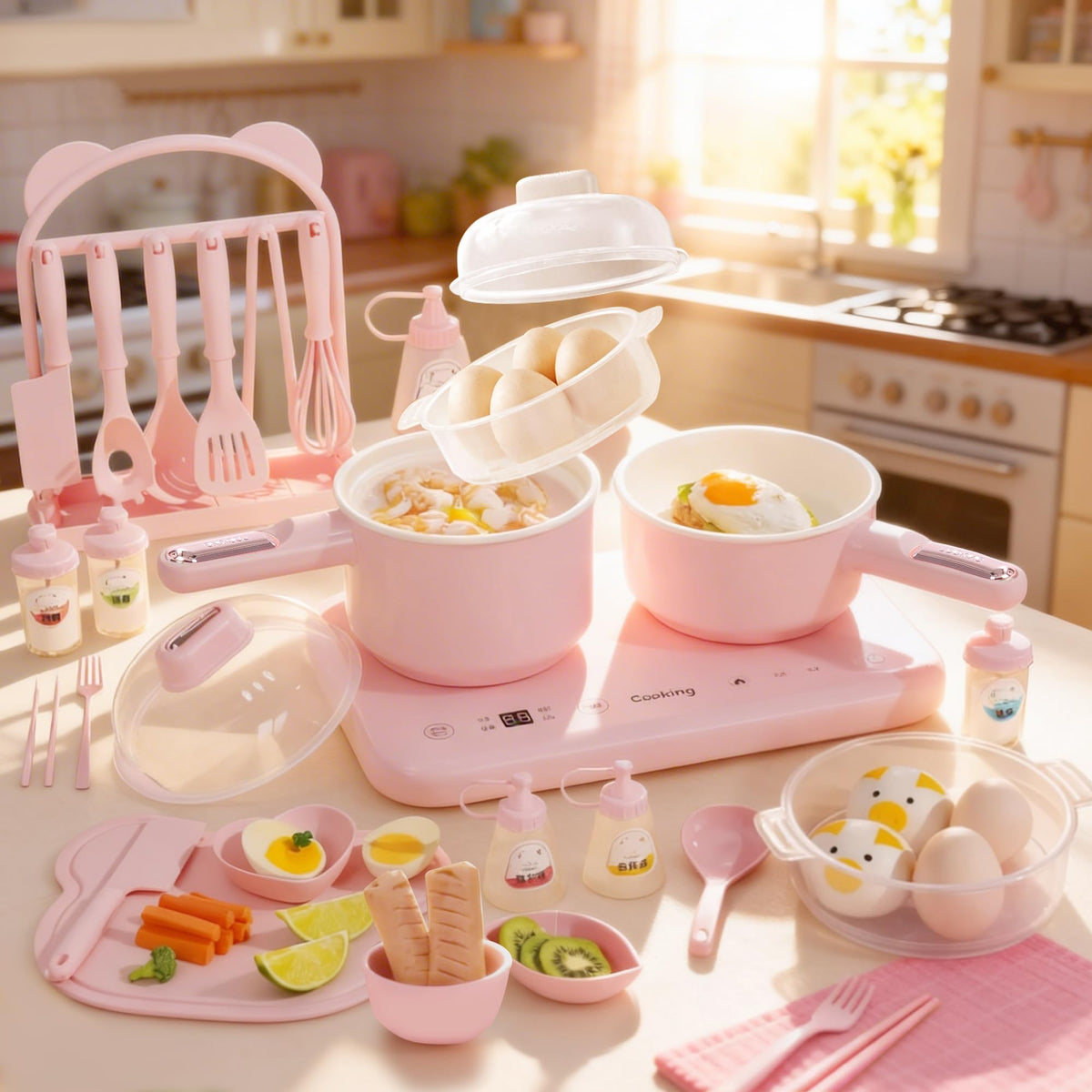 Real Cooking Set with 110V Dual Burner, Mini Kitchen Set (Pink) Operate Each Burner Separately or Together to Steam, Boil and Heat Two Dishes at Once