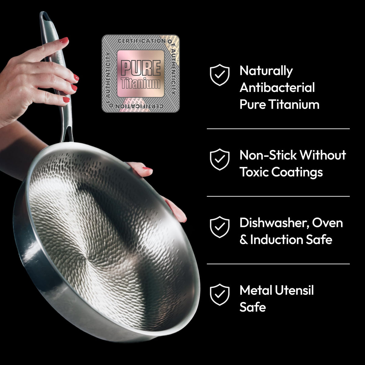 Plateful Titanium Pans For Cooking 12 Inch, No Coating Nonstick, with Lid Pure uncoated titanium frying pan, surface sears to 750F, PFOA/PFAS/PTFE Free Fajita, works on induction and all cooktops.