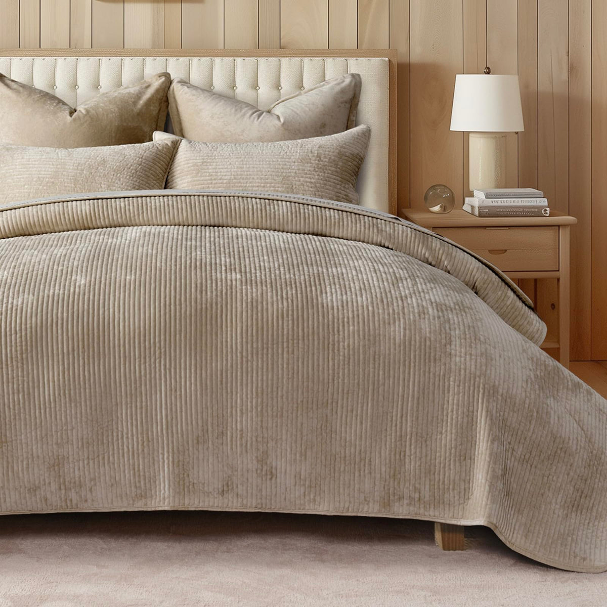 EverGrace Striped Channel Velvet Quilt Set, King Size, Urban Taupe Luxurious Soft Lightweight Velvet Comforter, Oversized Bedspread Coverlet, Quilted Bedding Set for All Season, with 2 Shams
