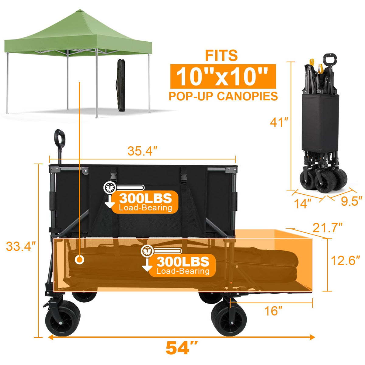 Double Decker Wagon Heavy Duty Collapsible, 600LBS 400L Capacity Foldable Utility Cart, Big Wheels for Beach, Outdoor, Camping & Gardening, Durable Steel Frame