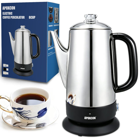 APOXCON Electric Coffee Percolator, Stainless Steel, 1200ml, with Keep-Warm Function, Glass Knob, Cordless Serving - No Aluminum No Plastic Contact with Beverage (8 Cup)