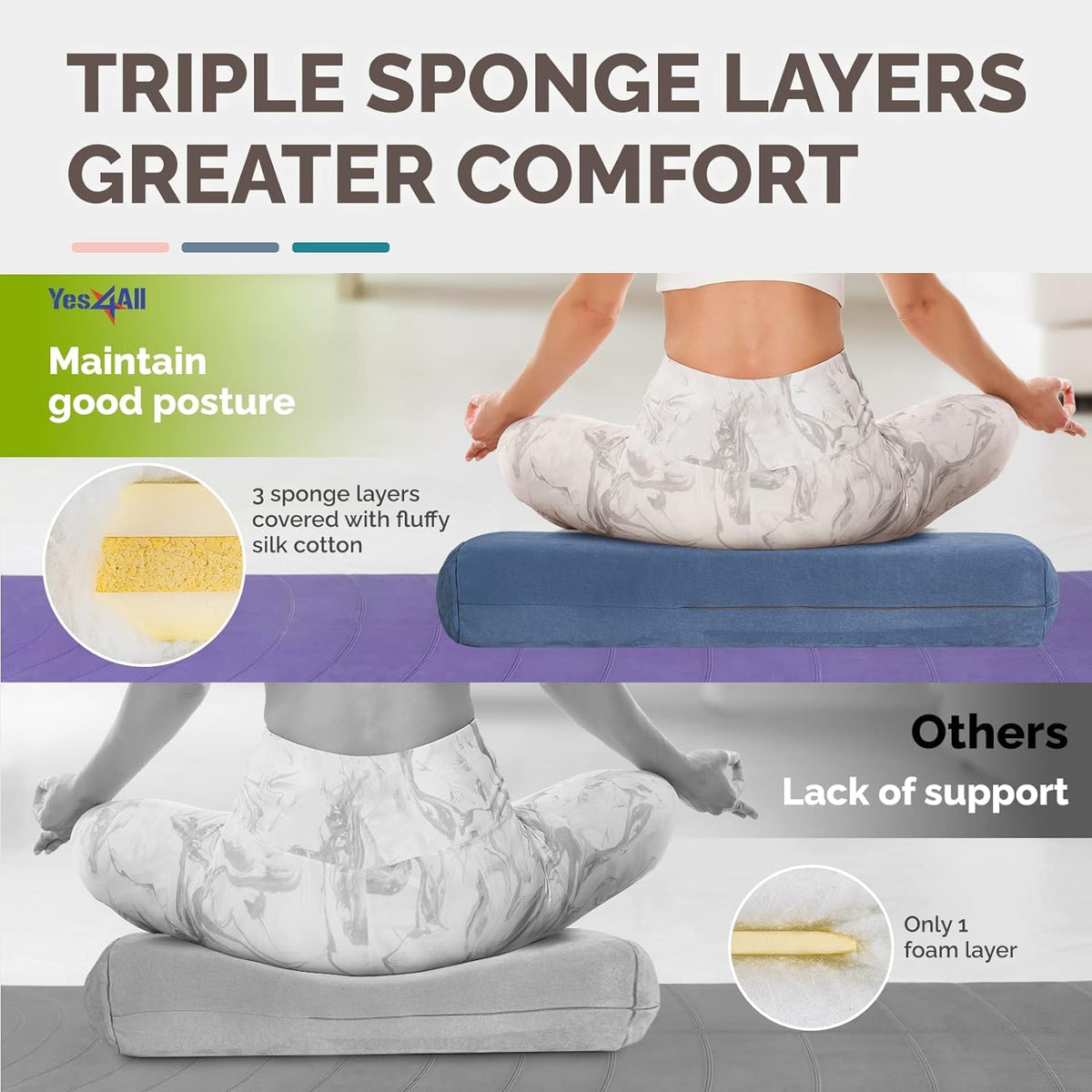 Yes4All Triple-Layer Sponge Yoga Bolster Pillow for Restorative Yoga & Meditation - Versatile Yoga Support Pillow, Balance & Poses Modification