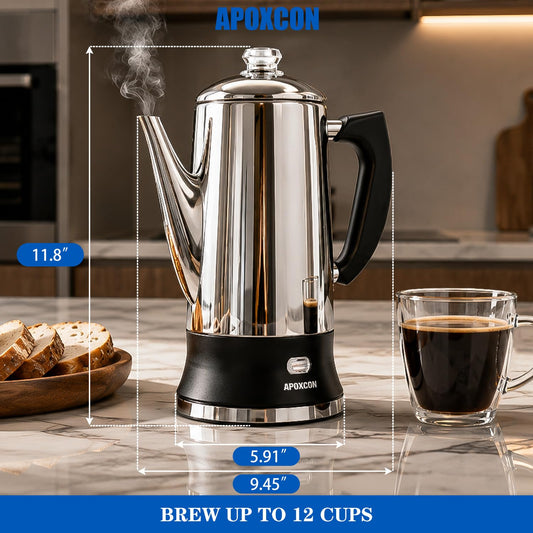 APOXCON Electric Coffee Percolator Stainless Steel Coffee Maker with Glass Knob, No Aluminum No Plastic Contact Classic Coffee Pot with Keep Warm & Cordless Serve (12 Cup)