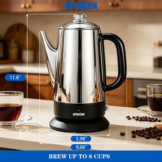 APOXCON Electric Coffee Percolator, Stainless Steel, 1200ml, with Keep-Warm Function, Glass Knob, Cordless Serving - No Aluminum No Plastic Contact with Beverage (8 Cup)