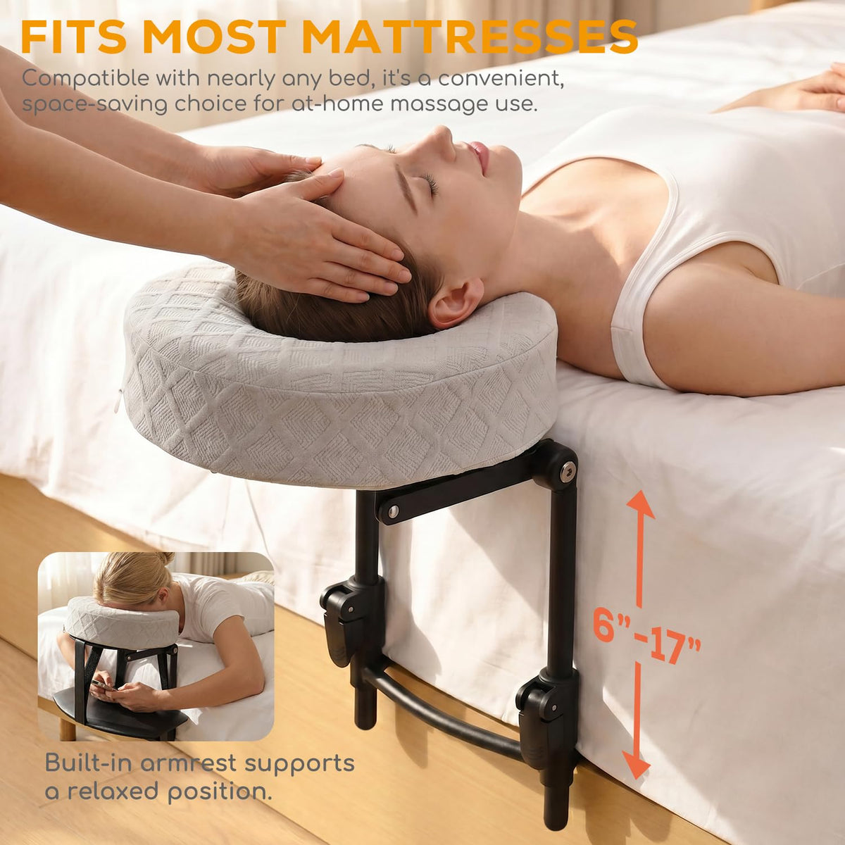 Massage Headrest for Bed, Adjustable Bed Face Cradle Holder with Armrest Fits 6"-17" Mattresses, Adjustable Height & Angle, Comfortable Face-Down Support, Quick Tool-Free Setup, Foldable Design