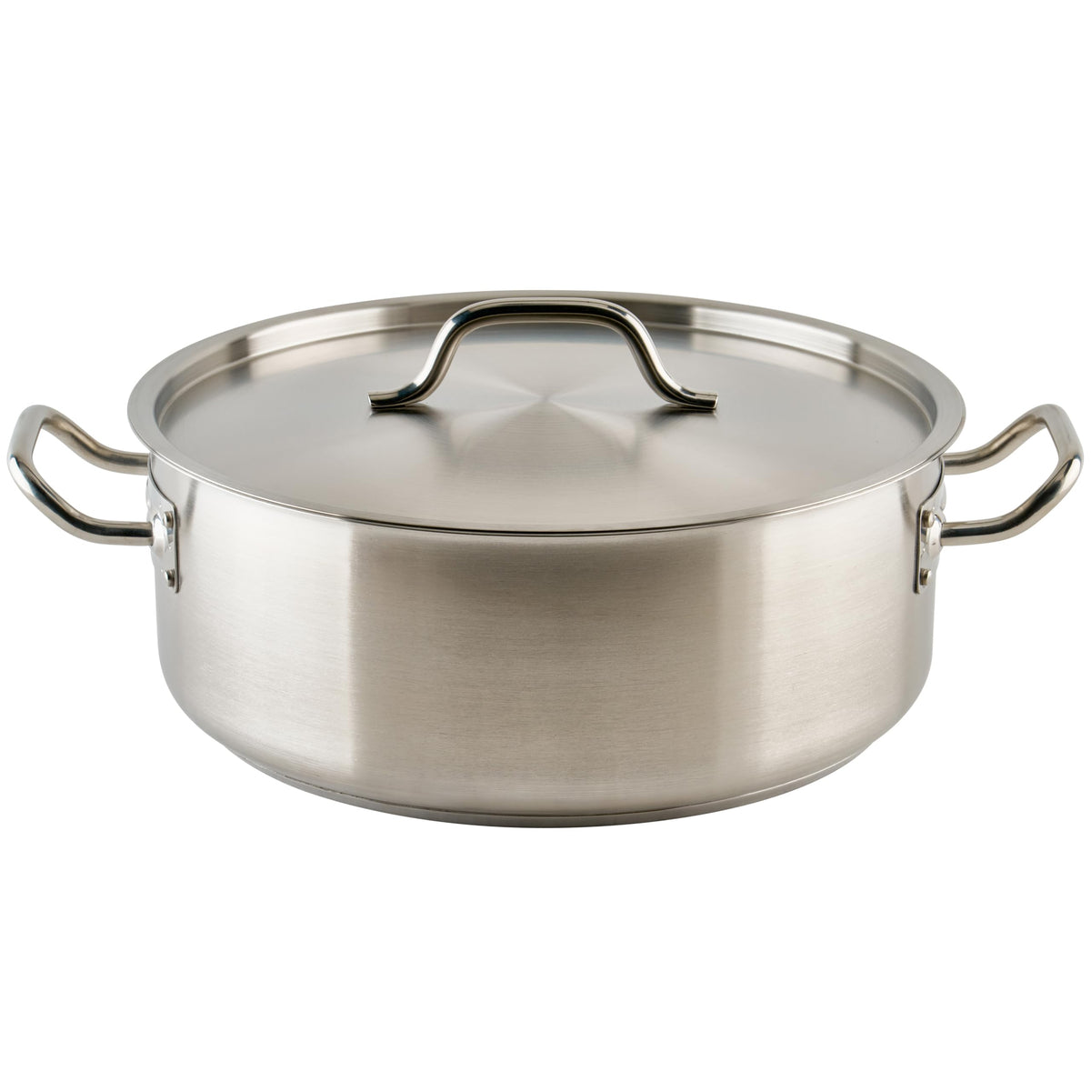 Winco 15 qt Stainless Steel Brazier Pan with Lid Flat bottom, Wide base, Riveted handles, Induction safe, Great for Braising, Simmering, Batch Cooking and Restaurant Kitchens