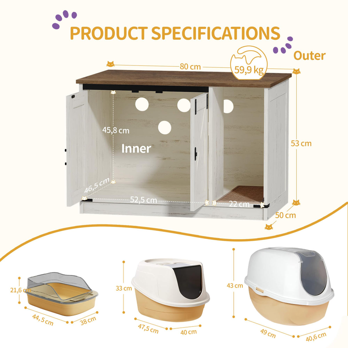 Hzuaneri Cat Litter Box Enclosure, Hidden Litter Box Cabinet Furniture Indoor Cat House with Bell, Farmhouse Style, 31.5 x 19.7 x 20.9 Inches, for Hallway, Bedroom, Rustic Brown and White CB82414X